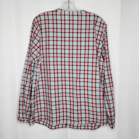 Talbots Plaid Top Shirt L Blue Red V Neck Pin Tuck Pleats Button Front - Picture 3 of 5